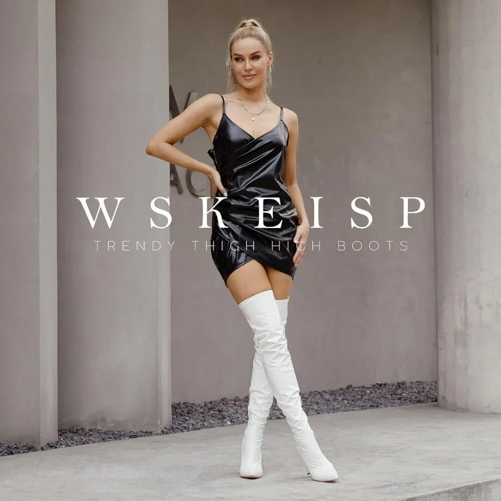 Women White Patent Leather PU Over The Knee High Pointed Toe Long Tall Boots